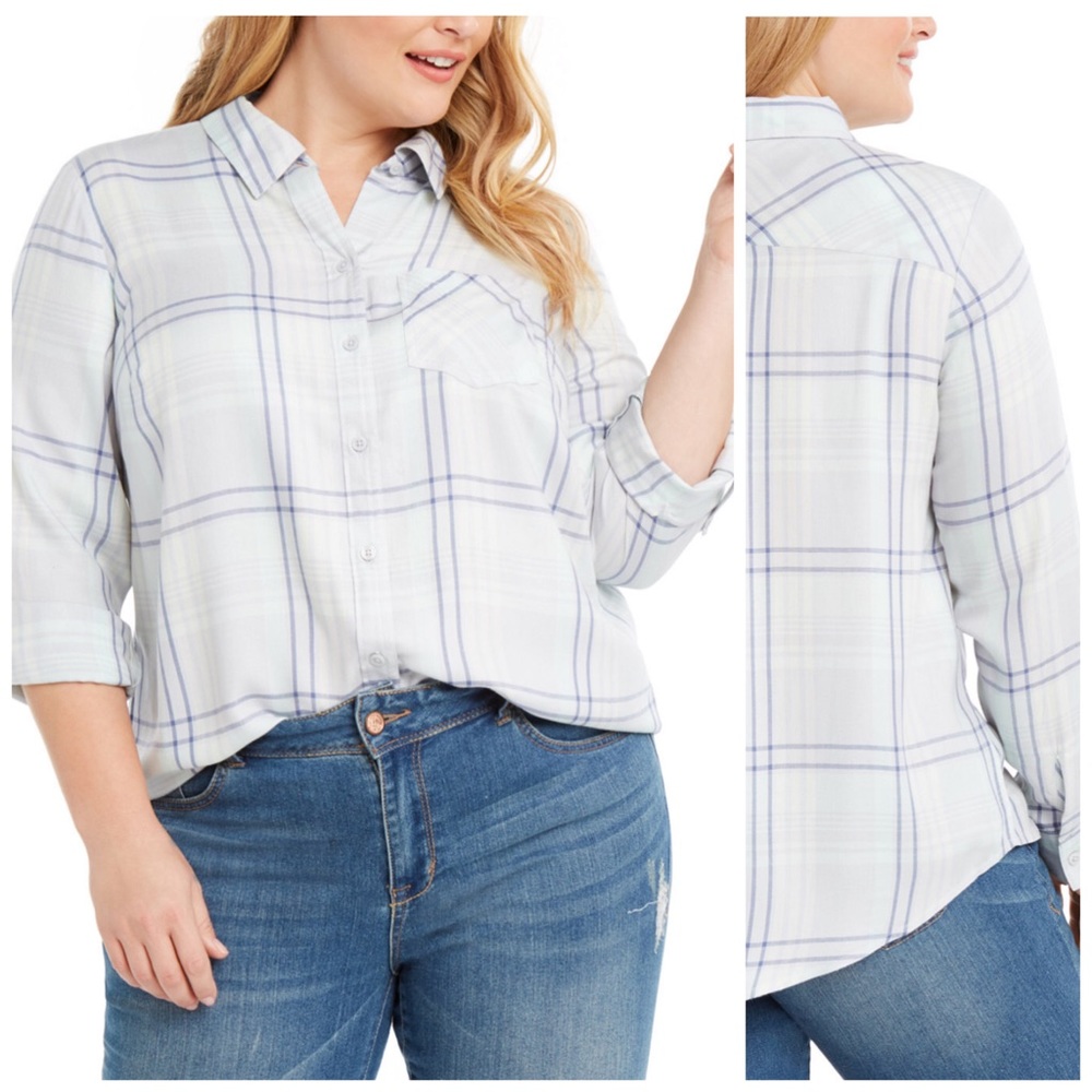 0X 1X 2X 3X Style & Co Mint Plaid Utility Shirt - Picture 1 of 6